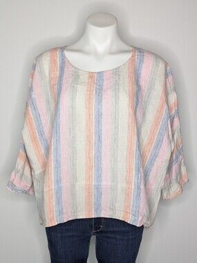 Paraphrase Orange Pink Blue Striped Linen Top XL